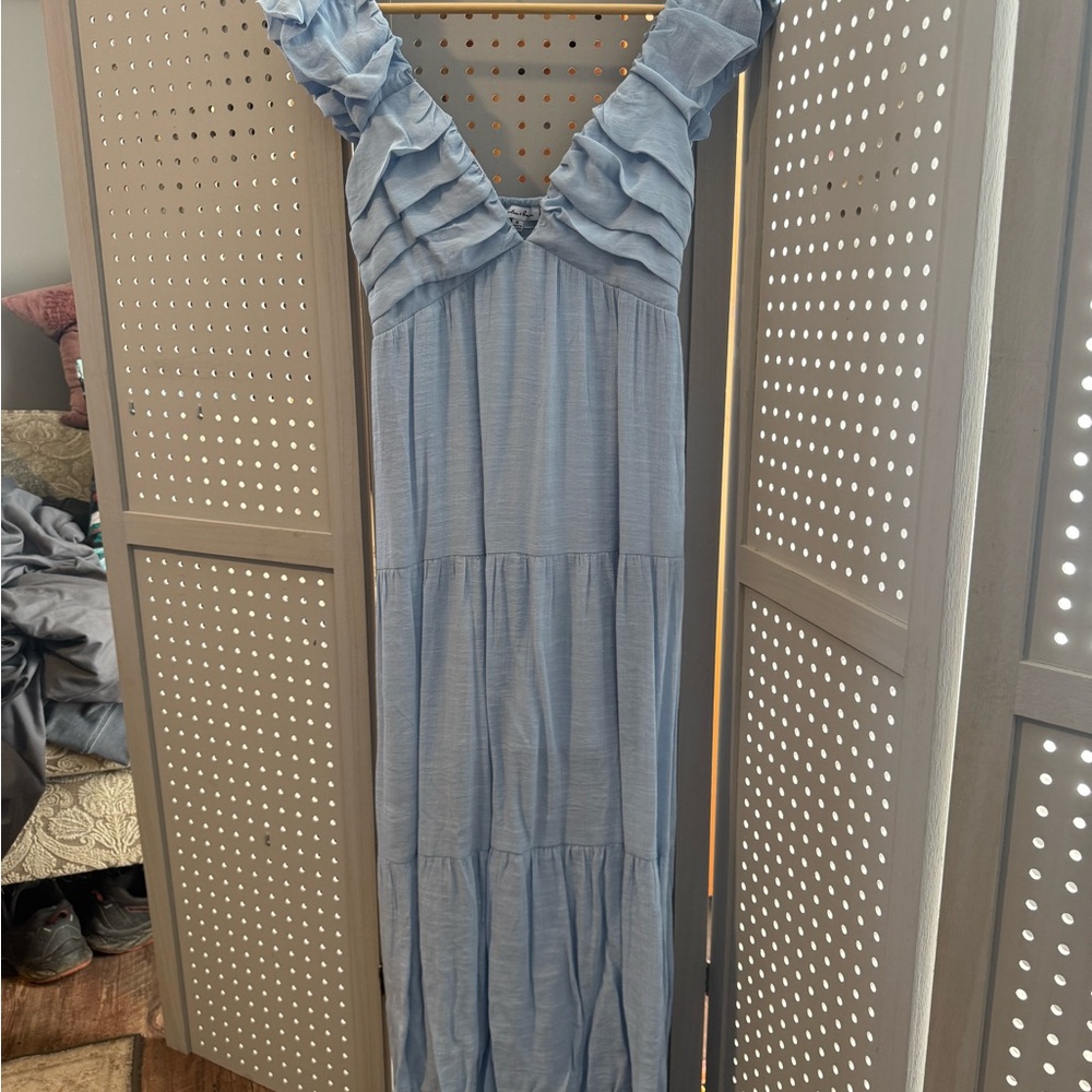 Light Blue Ruffle V-Neck Maxi Dress